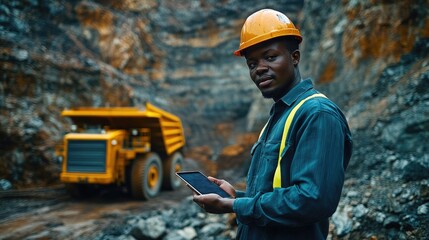 An African mining engineer at an open pit mine, standing next to a mining truck while using a tablet to record and monitor operations.