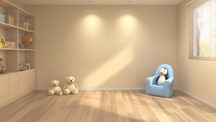 Beige kids room with teddy bears, penguin chair, and bookshelves. Sunlight streaming in