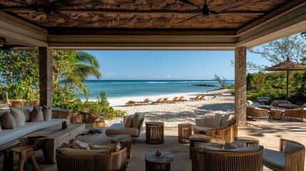 Obraz premium Tropical beachside lounge overlooking pristine white sand