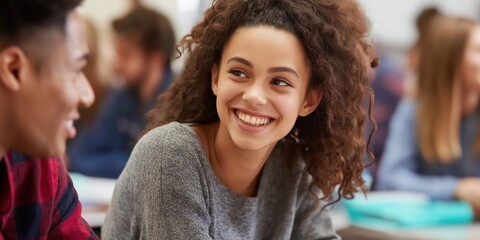 A joyful interaction between two young friends in a classroom setting, capturing expressions of happiness and camaraderie during their conversation.