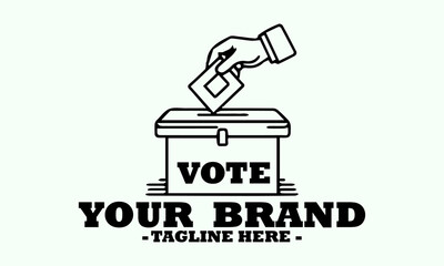 Simple black outline illustration of a hand inserting a ballot paper into a voting box labeled 