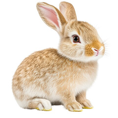 Fototapeta premium Adorable brown and white baby rabbit with pink ears sitting on a white background, showcasing soft fur, large expressive eyes, and tiny paw details, perfect for sp or Easter themes