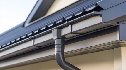 Close-up of a modern house's dark gray rain gutter system, showing downspout and roofline.