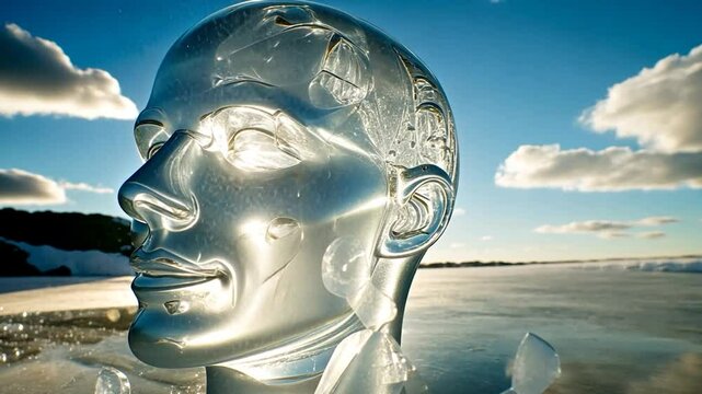 Crystal Ice Head Sculpture on Frozen Lake