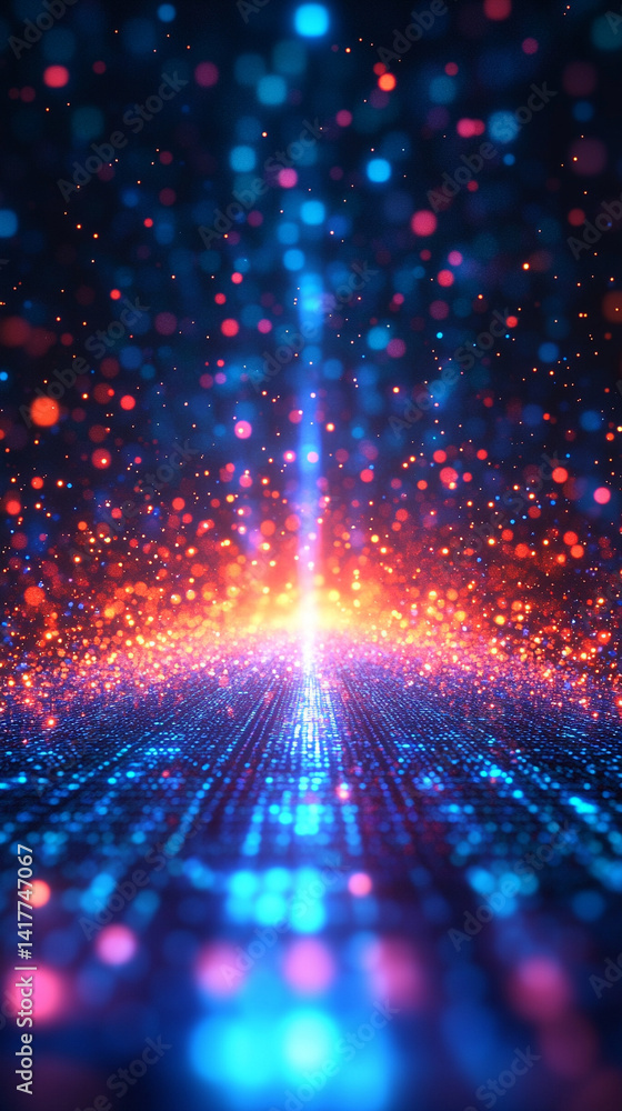 Poster flowing red and blue light trails converge in the distance symbolizing speed data motion and digital