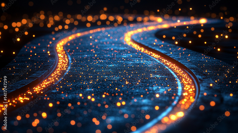 Poster flowing red and blue light trails converge in the distance symbolizing speed data motion and digital