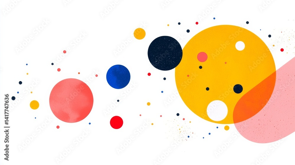 Poster flat design illustration of the solar system featuring colorful planets and abstract shapes on a whi