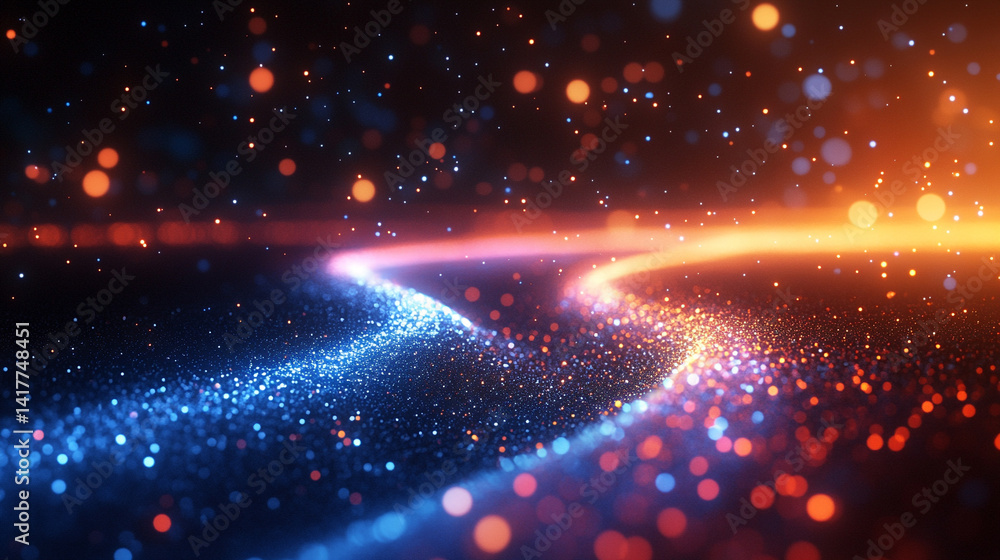 Poster flowing red and blue light trails converge in the distance symbolizing speed data motion and digital