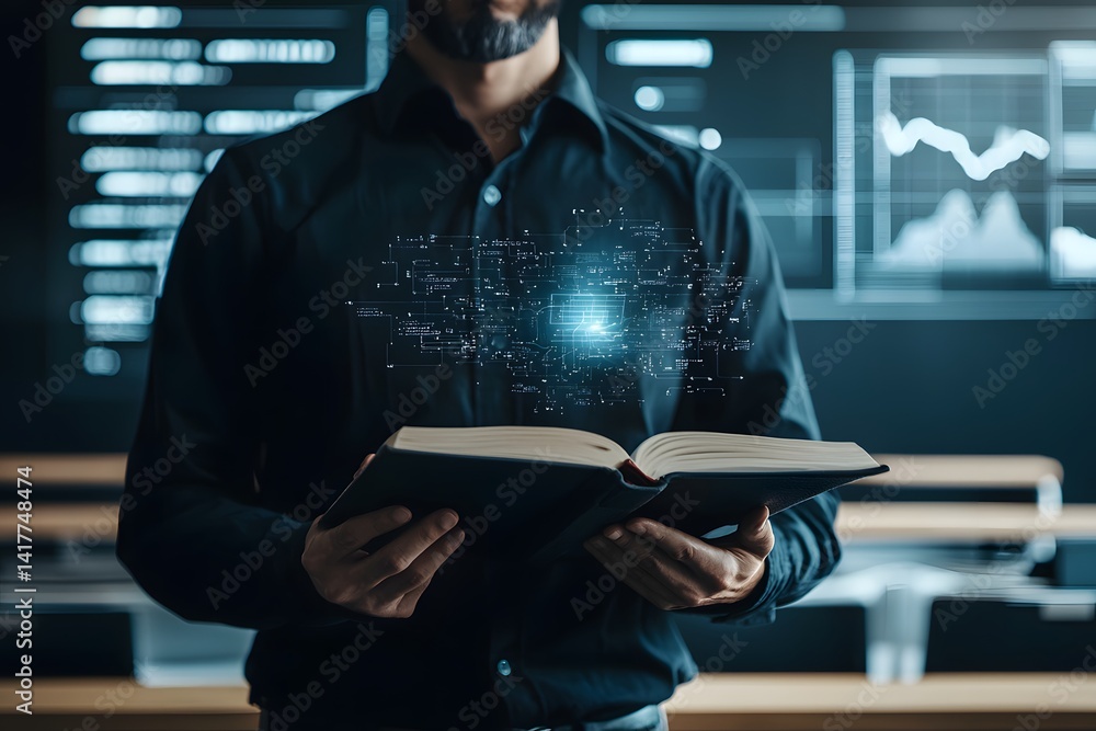Poster data analysis in the digital age: a tech-savvy individual delves into a data-driven book, with futur