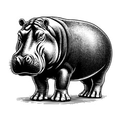 Fototapeta premium Hippopotamus engraving black and white outline. Scratch board imitation. 