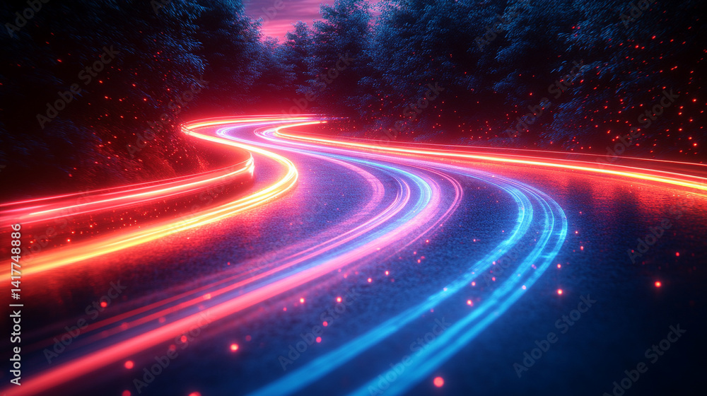 Poster flowing red and blue light trails converge in the distance symbolizing speed data motion and digital