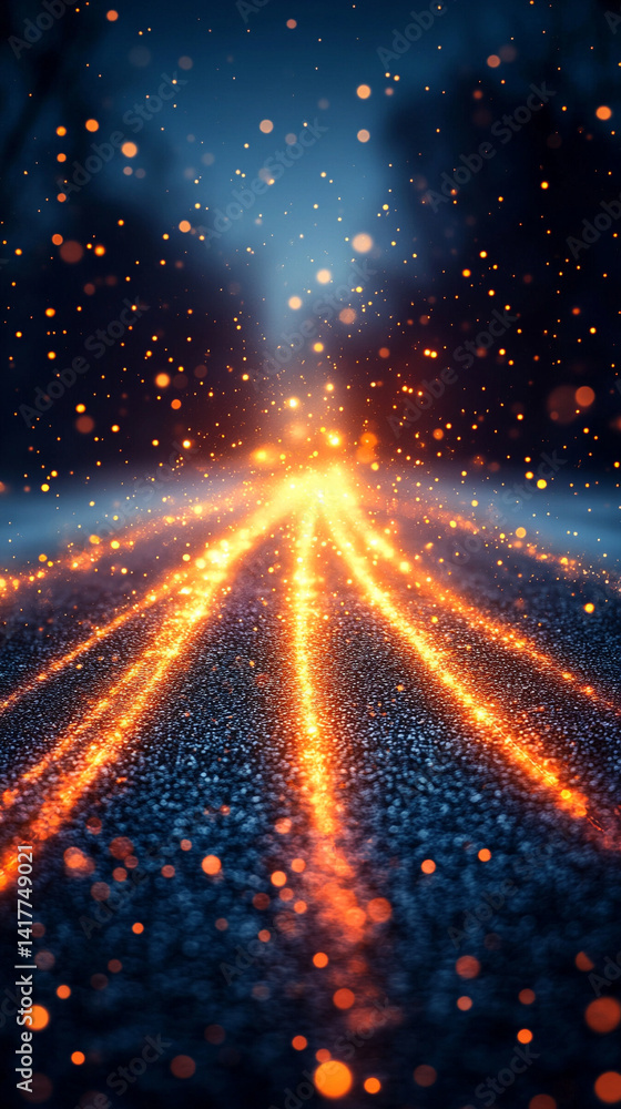 Poster flowing red and blue light trails converge in the distance symbolizing speed data motion and digital