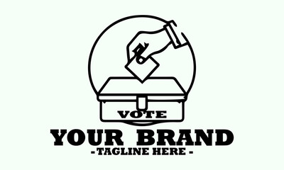 Simple black outline illustration of a hand inserting a ballot paper into a voting box labeled 