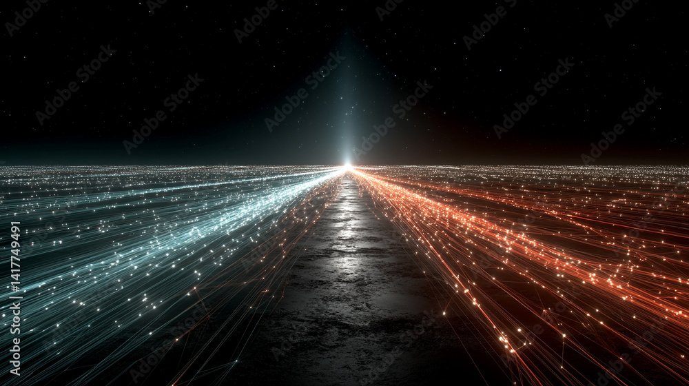 Poster flowing red and blue light trails converge in the distance symbolizing speed data motion and digital