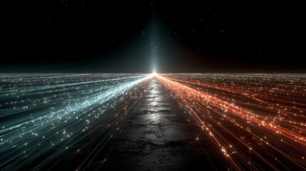 Flowing red and blue light trails converge in the distance symbolizing speed data motion and digital connectivity in an abstract futuristic concept of communication and technology networks

