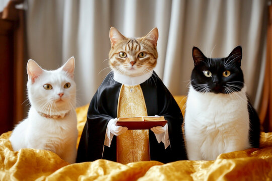Funny wedding scene with cats. a cat dressed as a priest officiates a ceremony for a feline bride and groom, humorous animal concept, playful and charming illustration for love and celebration themes