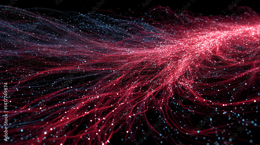 Poster flowing red and blue light trails converge in the distance symbolizing speed data motion and digital