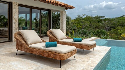 Obraz premium Elegant poolside loungers with turquoise cushions overlooking a lush garden