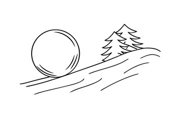 Snowball Rolling Downhill With Trees Simple Doodle Illustration Black And White
