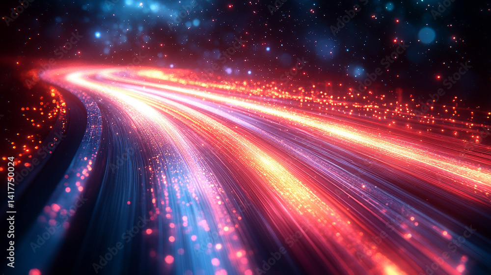 Poster flowing red and blue light trails converge in the distance symbolizing speed data motion and digital