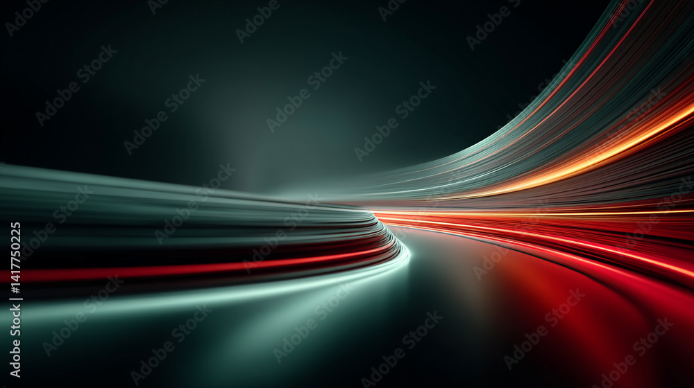Poster flowing red and blue light trails converge in the distance symbolizing speed data motion and digital