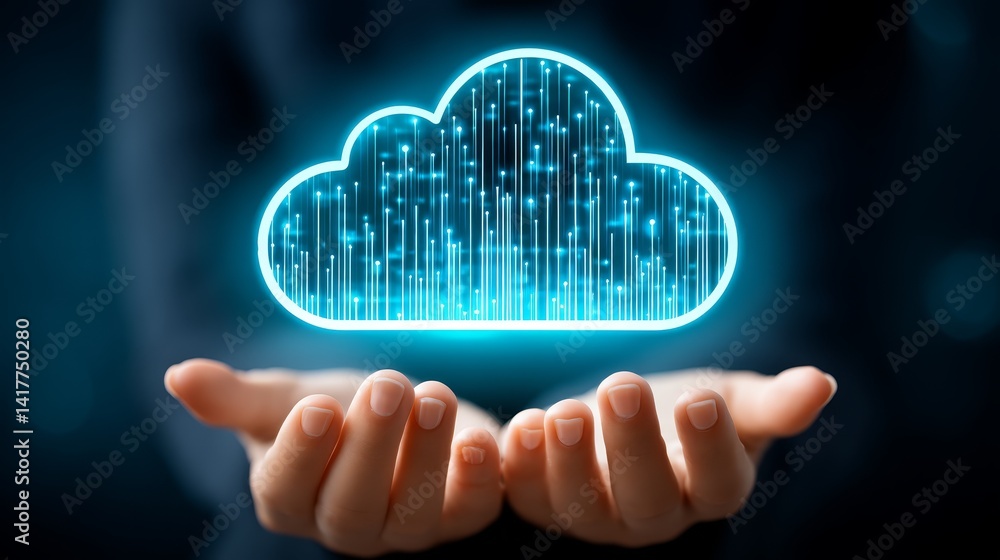 Poster hands cradle a luminescent cloud filled with flowing data streams and connections.