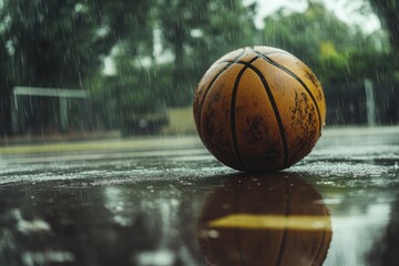 Basketball in rain puddle