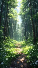 Obraz premium Enchanted Forest Path with Sunbeams, Tranquil Woodland Scene Illustration
