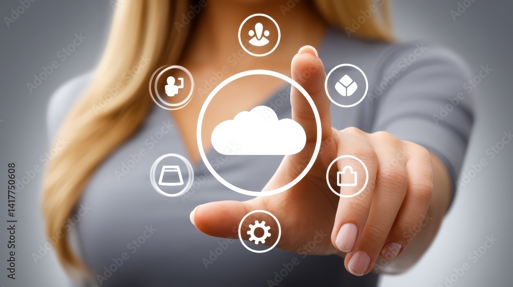 Poster interactive cloud application management: finger touches central cloud icon surrounded by app functi