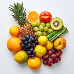 Assortment of Fresh Fruits including Pine orange grapes kiwi lemon and pear arranged on white background with vibrant colors and natural textures