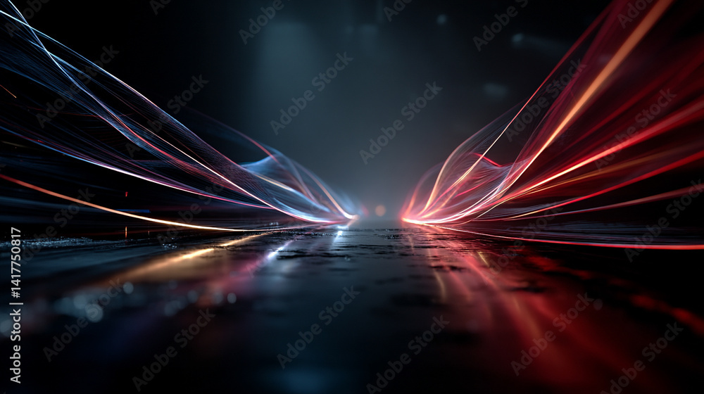 Poster flowing red and blue light trails converge in the distance symbolizing speed data motion and digital
