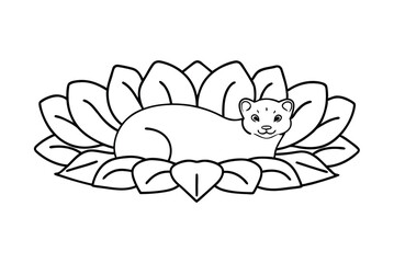 Cute Weasel On Lotus Flower Line Art Illustration Design Element