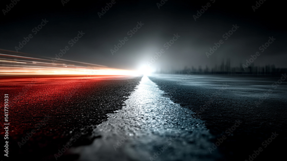 Poster flowing red and blue light trails converge in the distance symbolizing speed data motion and digital