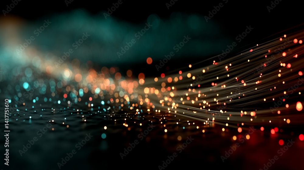 Poster flowing red and blue light trails converge in the distance symbolizing speed data motion and digital