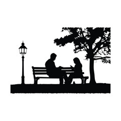Couple reading book while relaxing by tree in park vector silhouette