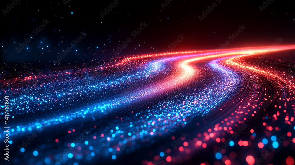 Poster flowing red and blue light trails converge in the distance symbolizing speed data motion and digital