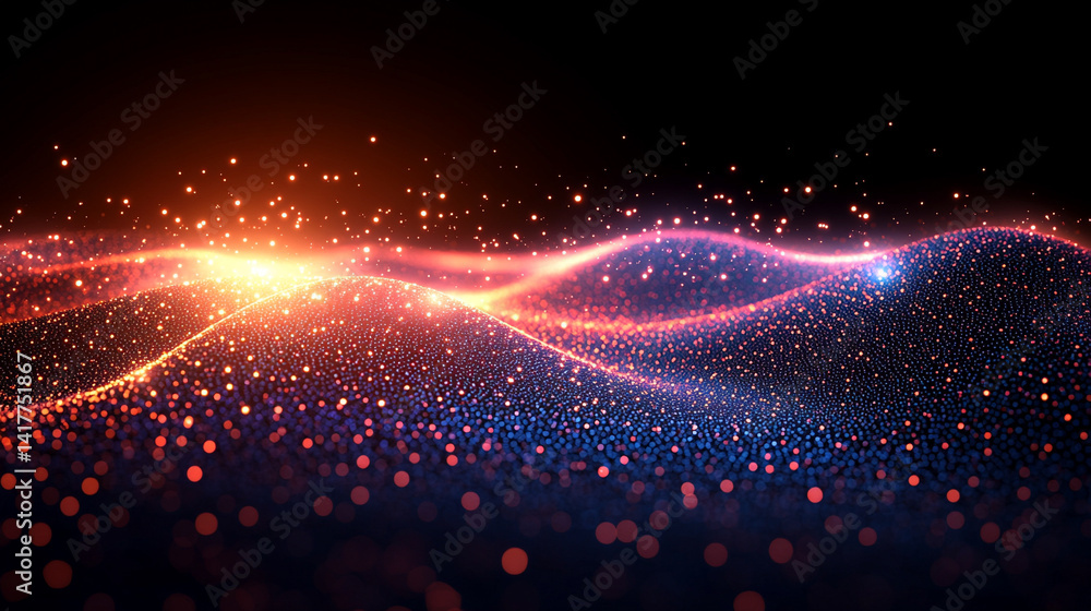 Poster flowing red and blue light trails converge in the distance symbolizing speed data motion and digital