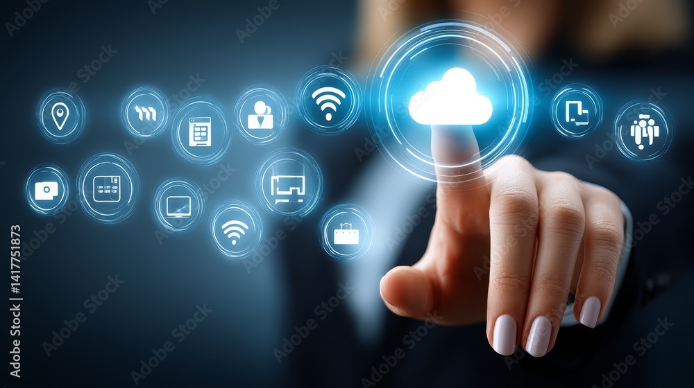 Poster navigating a network of cloud services: finger selects central cloud icon among connected digital ap