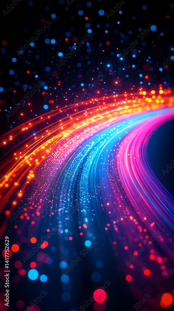 Poster flowing red and blue light trails converge in the distance symbolizing speed data motion and digital