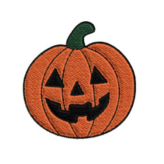 Halloween jack-o'-lantern clipart in serge embroidery style. Stitched pumpkin with  carved face, ideal for seasonal designs, textiles, and digital art.
