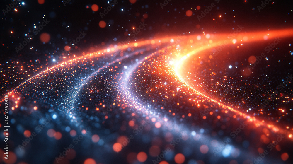Poster flowing red and blue light trails converge in the distance symbolizing speed data motion and digital