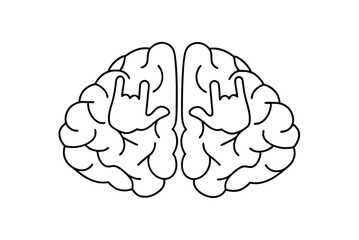 Brain With Rock And Roll Hand Sign Illustration Line Art Concept Design