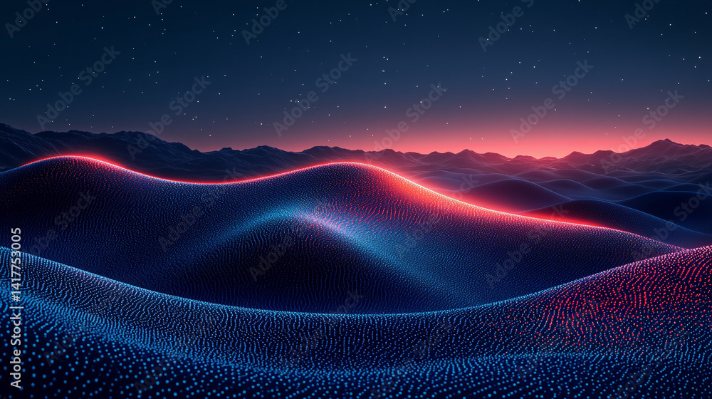 Poster flowing red and blue light trails converge in the distance symbolizing speed data motion and digital