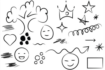 Black line hand drawn brash arts. Varity of shapes, tree, arrow, crown stars, heart, wave, lines round sign collection vector illustration.