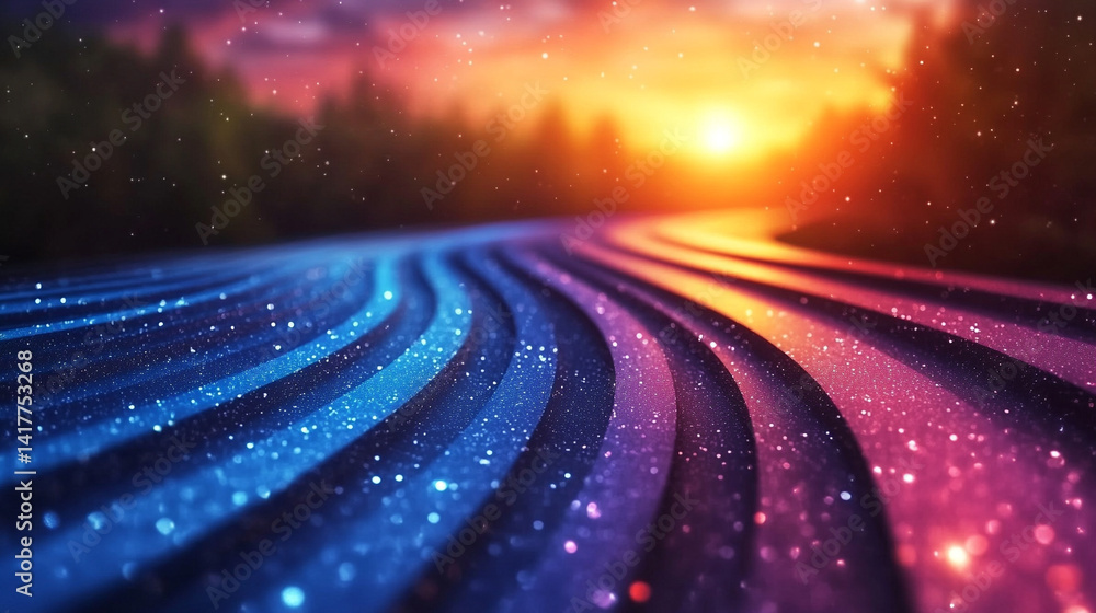 Poster flowing red and blue light trails converge in the distance symbolizing speed data motion and digital