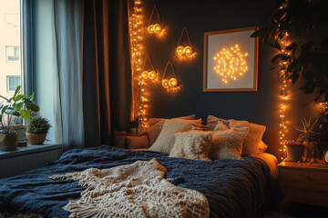 Sunlight filters through the window, bathing a cozy bedroom in warm light. A neatly made bed with a patterned duvet sits against the wall, framed by a potted plant on a nightstand.