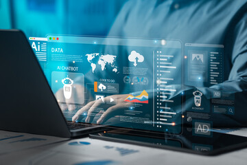 Business people using website or AI software technology analyze data and big data technology. business analysis and display images of complex data sets on a computer on the screen. artificial