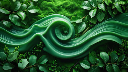 Lovely green liquid wave on a green background with leaves.  excellent backdrop for templates, banners, posters, and wallpaper