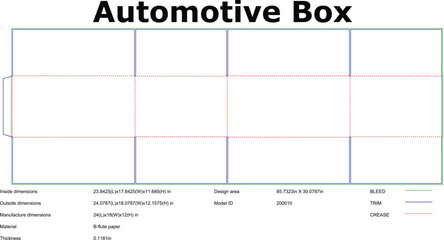 Automotive packaging box die cut template with dimensions and crease lines