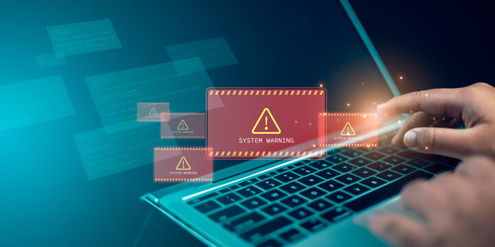 System warning hacked alert, Cyber attack on network, Virus and Cyber Security, Huaman receive notifications from the system fraud alert, Laptop shows warning sign of system failure, Notification spam